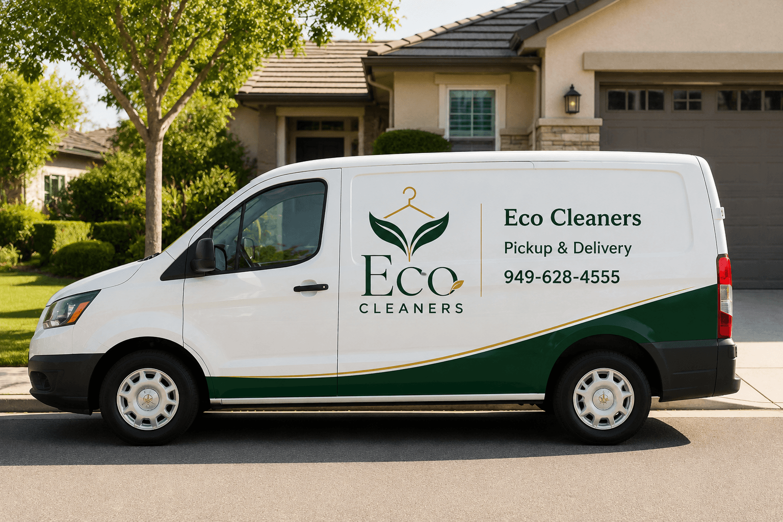Eco Cleaners pickup and delivery van in a residential neighborhood